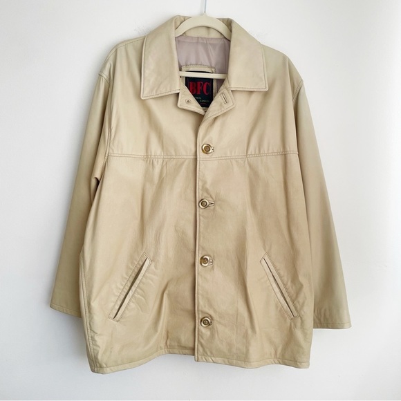 Vintage BFC Montreal Canada tan Leather Jacket medium mens cream button collar M